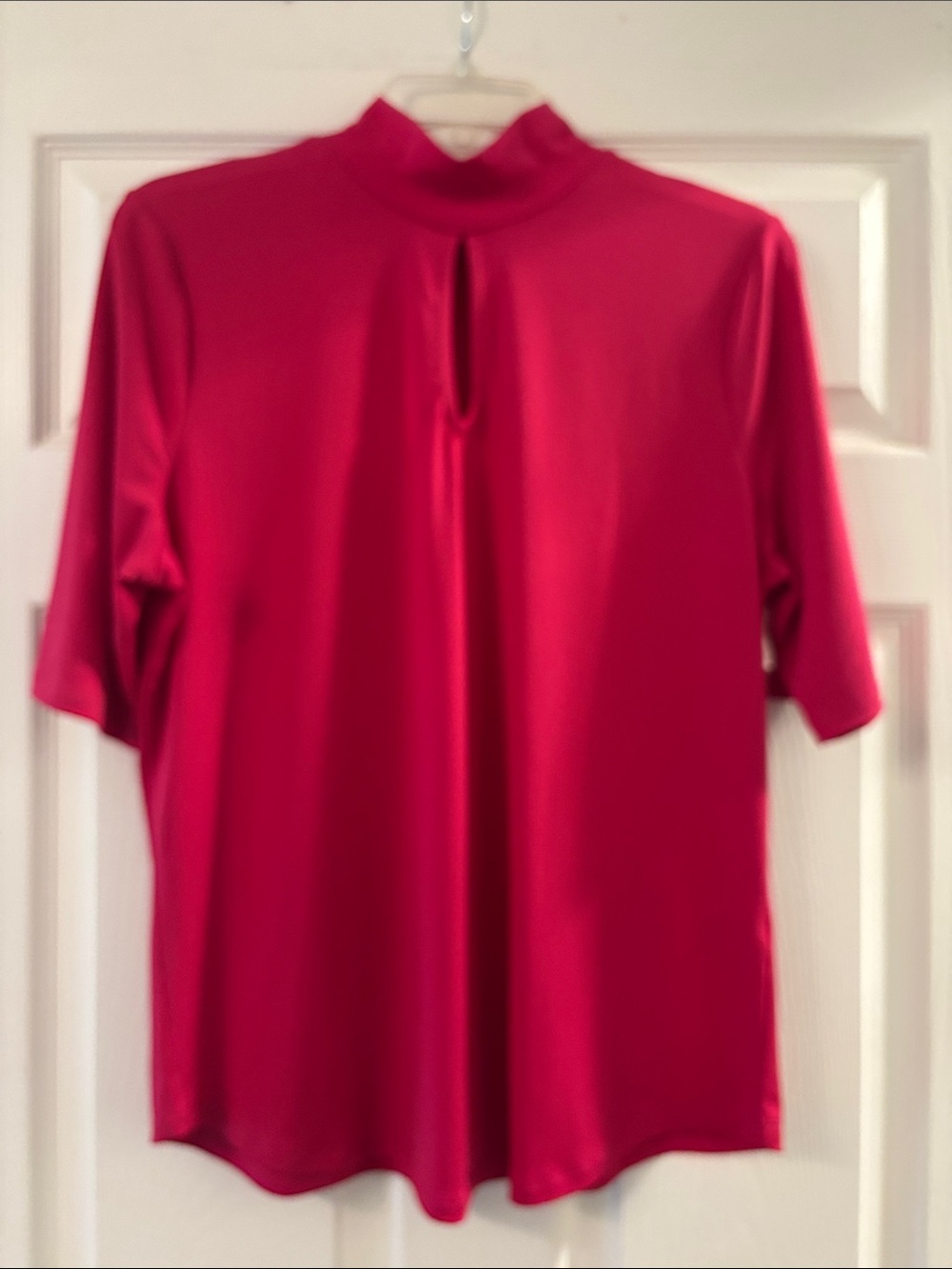New York & Company Bright Pink Mock Neck Short Sleeve Top with Front Keyhole